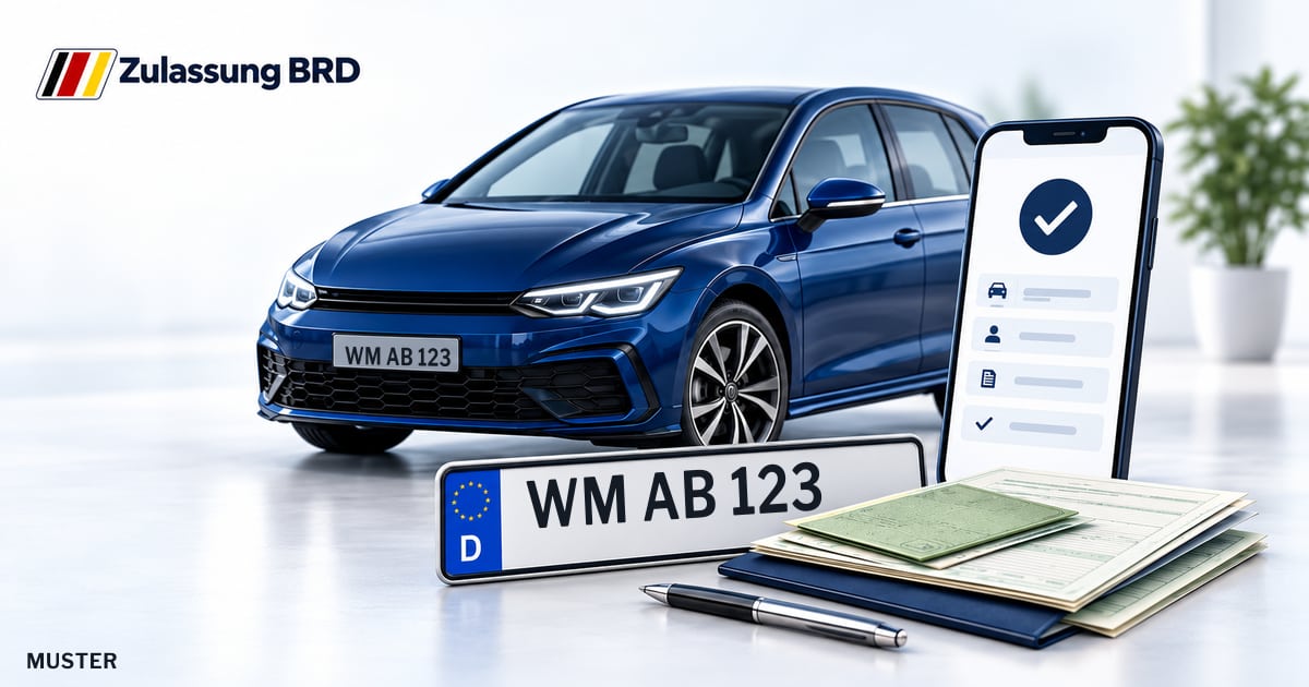 Online Fahrzeugzulassung in Landkreis Weilheim-Schongau: Musterkennzeichen WM AB 123, Auto und Fahrzeugpapiere und Smartphone. Illustration mit Logo von Zulassung BRD.